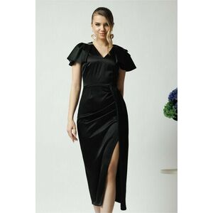 Rochie Moze eleganta din satin neagra cu perlute la umeri imagine