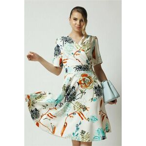 Rochie Moze de zi din stofa alba cu imprimeuri florale turcoaz imagine