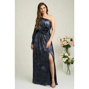 Rochie Ella Collection Noa lunga de ocazie bleumarin din satin cu floare maxi pe talie imagine