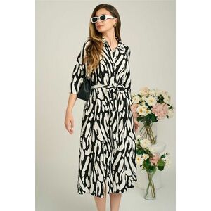 Rochie de zi tip camasa din crep neagra cu imprimeu alb si cordon in talie imagine