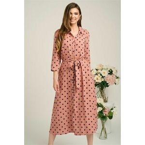 Rochie office din viscoza roz cu buline bleumarin si cordon in talie imagine