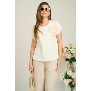 Tricou casual alb din bumbac cu floare brodata bej imagine