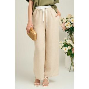 Pantaloni casual vaporosi bej cu banda alba si elastic in talie imagine