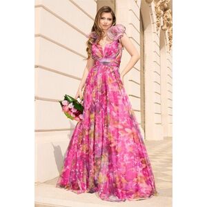Rochie lunga de ocazie din tull fucsia cu imprimeu verde imagine