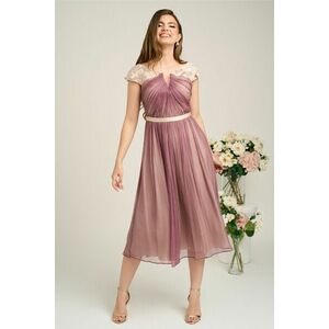 Rochie Leonard Collection eleganta din matase naturala lila cu floricele pe umeri imagine