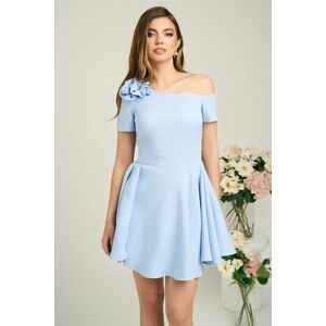 Rochie Moze eleganta din stofa bleu cu floare pe bust si umar gol imagine