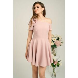 Rochie Moze eleganta din stofa roz cu floare pe bust si umar gol imagine