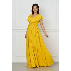 Rochie Dy Fashion galbena lunga cu volan la bust si cordon in talie imagine