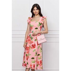 Rochie DY Fashion roz cu imprimeuri florale corai si volane la umeri imagine