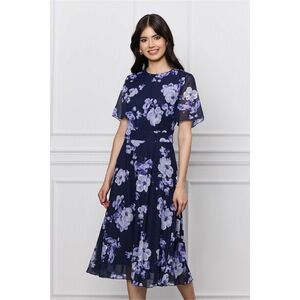 Rochie DY Fashion bleumarin din voal cu imprimeuri florale bleu imagine