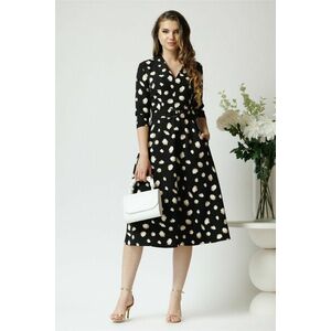 Rochie din stofa neagra midi de zi cu imprimeuri bej si decolteu imagine