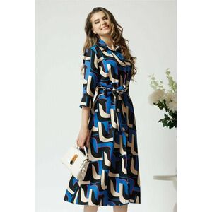 Rochie office din viscoza cu imprimeu geometric albastru si cordon in talie imagine