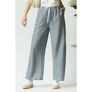 Pantaloni casual vaporosi bleu cu banda alba si elastic in talie imagine