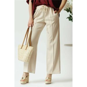 Pantaloni casual din viscoza bej cu elastic si dunga imagine