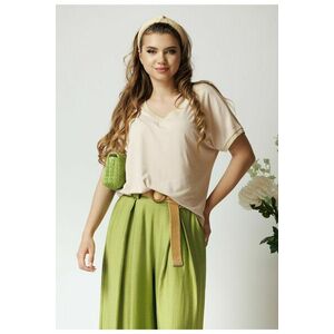 Tricou casual din viscoza bej cu fir lurex la decolteu si maneci imagine