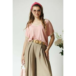 Tricou casual din viscoza roz cu fir lurex la decolteu si maneci imagine