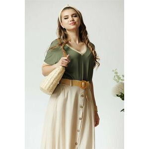 Tricou casual din viscoza kaki cu fir lurex la decolteu si maneci imagine