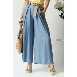 Pantaloni smart-casual din in bleu cu pliuri si curea in talie imagine