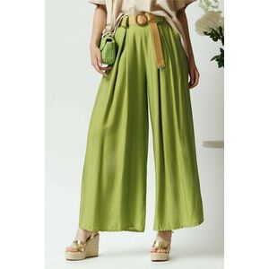 Pantaloni smart-casual din in verzi cu pliuri si curea in talie imagine