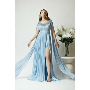 Rochie lunga de ocazie din voal bleu cu maneci ample si strasuri la decolteu imagine