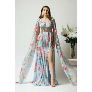 Rochie lunga eleganta din voal satinat bleu cu flori roz si maneci ample imagine