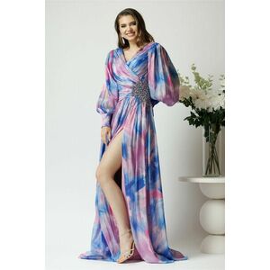 Rochie lunga de ocazie din voal bleu cu imprimeuri roz si strasuri in talie imagine