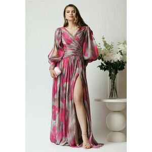 Rochie lunga de ocazie din voal fucsia cu imprimeuri gri si strasuri in talie imagine