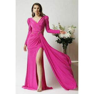 Rochie lunga de ocazie din lycra fucsia cu tull si strasuri in talie imagine