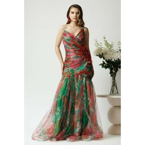 Rochie lunga de ocazie din tull verde cu imprimeuri rosii si floare maxi pe talie imagine