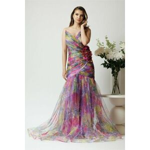 Rochie lunga de ocazie din tull mov cu imprimeuri galbene si floare maxi pe talie imagine