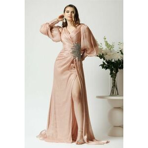Rochie lunga de ocazie din voal rose cu strasuri in talie imagine