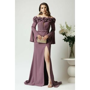 Rochie eleganta lunga din crep mov cu flori la decolteu si curea in talie imagine