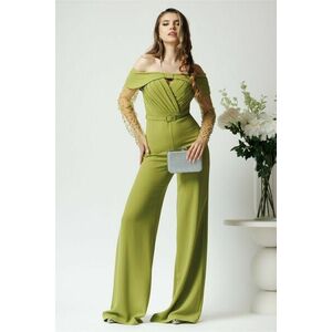 Salopeta eleganta din crep verde crud cu maneci din tull cu strasuri imagine
