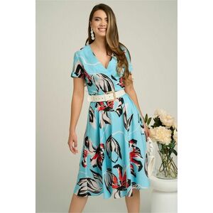 Rochie din viscoza bleu cu flori rosii si curea in talie imagine