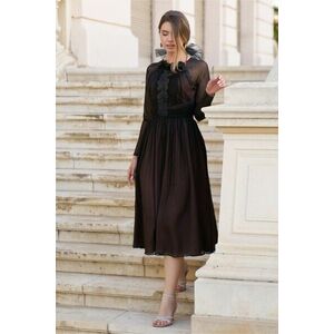 Rochie Leonard Collection din matase naturala neagra cu dublura bej si volanas pe bust imagine