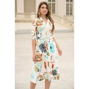 Rochie din stofa ivory midi de zi cu imprimeuri florale turcoaz si decolteu imagine