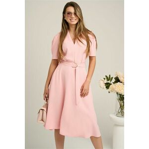Rochie din stofa roz cu cordon in talie si decoteu in V imagine