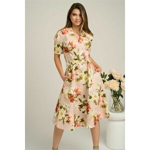 Rochie din stofa bej cu imprimeu floral corai si cordon in talie imagine