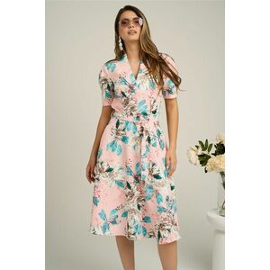 Rochie din stofa roz cu imprimeu floral bleu si cordon in talie imagine