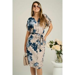 Rochie din panza bej cu imprimeuri bleumarin si cordon in talie imagine