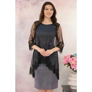 Rochie de ocazie din lurex violet cu pelerina din tulle si broderie negre imagine