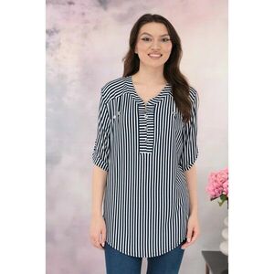 Bluza cu dungi bleumarin-albe si guler tunica imagine