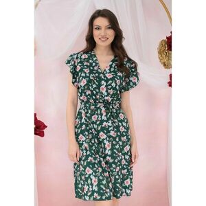 Rochie verde cu trandafiri imprimati si cordon in talie imagine