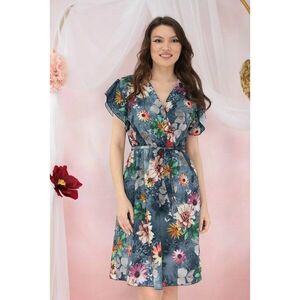 Rochie gri cu flori maxi multicolore si cordon in talie imagine