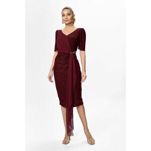 Rochie de ocazie din licra cu fir lame si detaliu din voal tip esarfa Brillia Bordo imagine