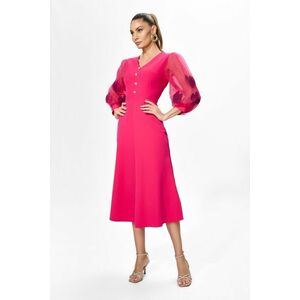 Rochie de ocazie cu flori 3D pe maneci si butoni cu strass-uri Denitra Fucsia imagine