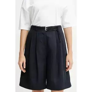 BOSS pantaloni scurți din amestec de in femei, culoarea bleumarin, uni, high waist, 50537809 imagine