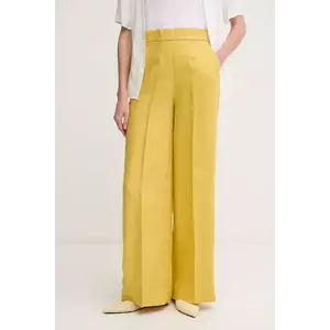 United Colors of Benetton pantaloni din in femei, culoarea galben, drept, high waist, 4AGHDF08K imagine