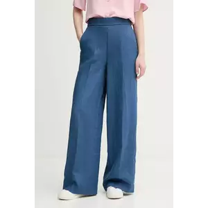 United Colors of Benetton pantaloni din in femei, culoarea bleumarin, drept, high waist, 4AGHDF08K imagine