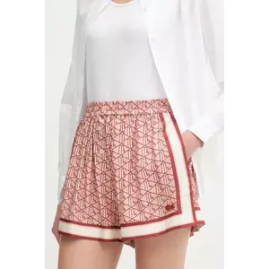Lacoste pantaloni scurți femei, culoarea portocaliu, cu imprimeu, high waist, FF0464 imagine